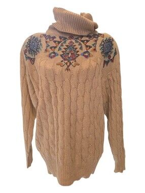 IB Diffusion 90s Silk Tan/Cream Beaded turtleneck oversized sweater